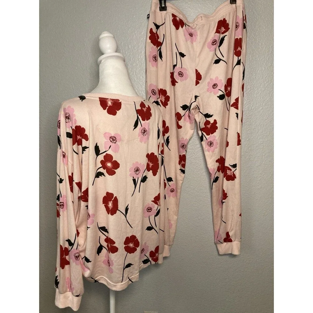 Kate Spade Pajama Pant Set Womens Size XL Pink Floral Roses Soft Cozy Luxury EUC